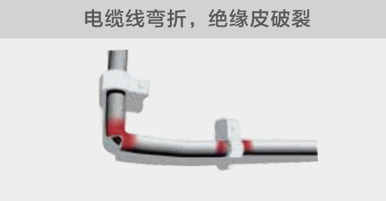 在安裝過程中，由于電線的彎曲半徑過小，或是線夾過緊，導致線纜絕緣皮破裂，產生電弧隱患